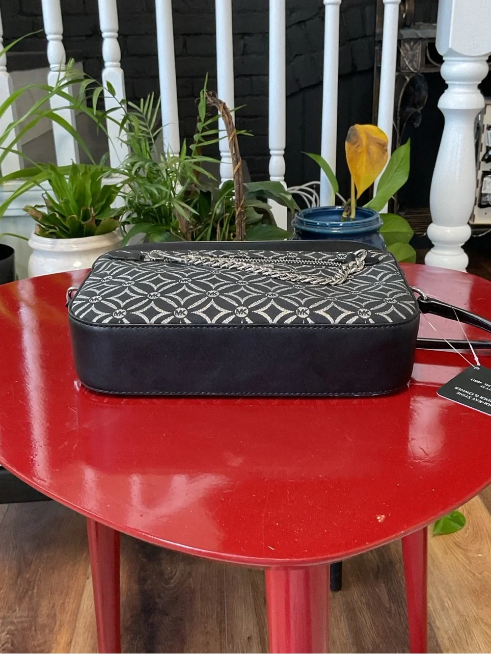 Michael Kors Black and Ivory Logo Crossbody with Chain Detail